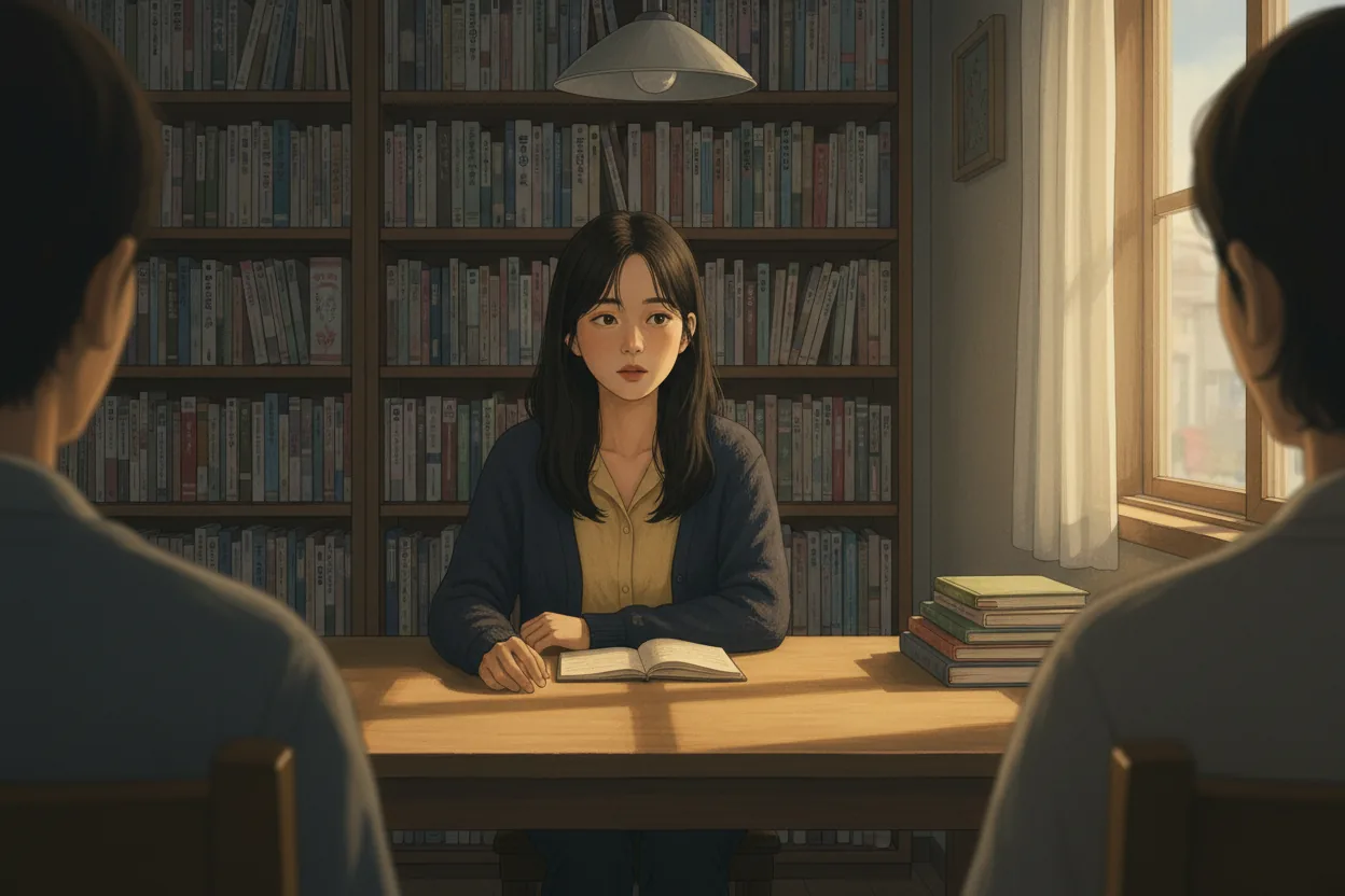책이 늘어선 작은 방에서 독서모임 면접을 보며 질문에 잠시 말을 멈춘 다인을 그린 삽화