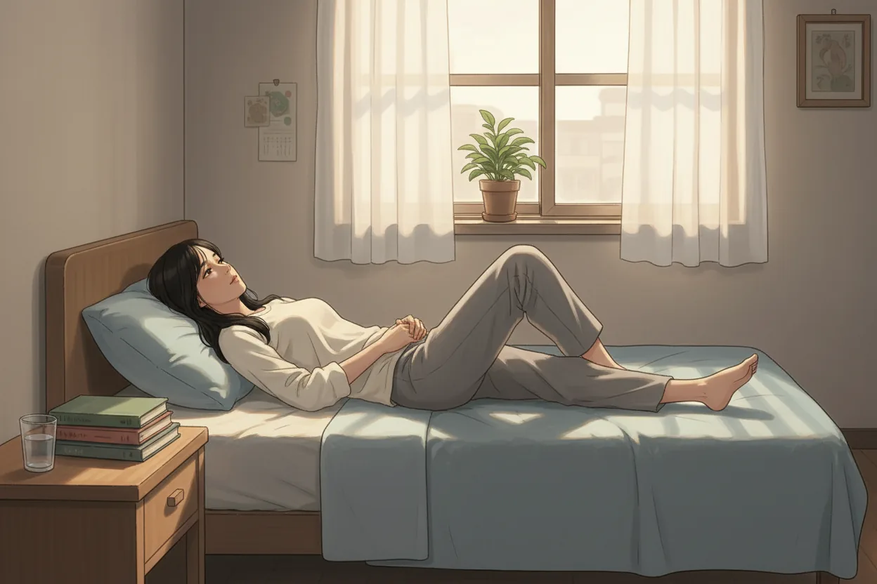 휴학 기간의 오후, 방 침대에 편안히 누워 창밖을 바라보는 다인을 그린 삽화