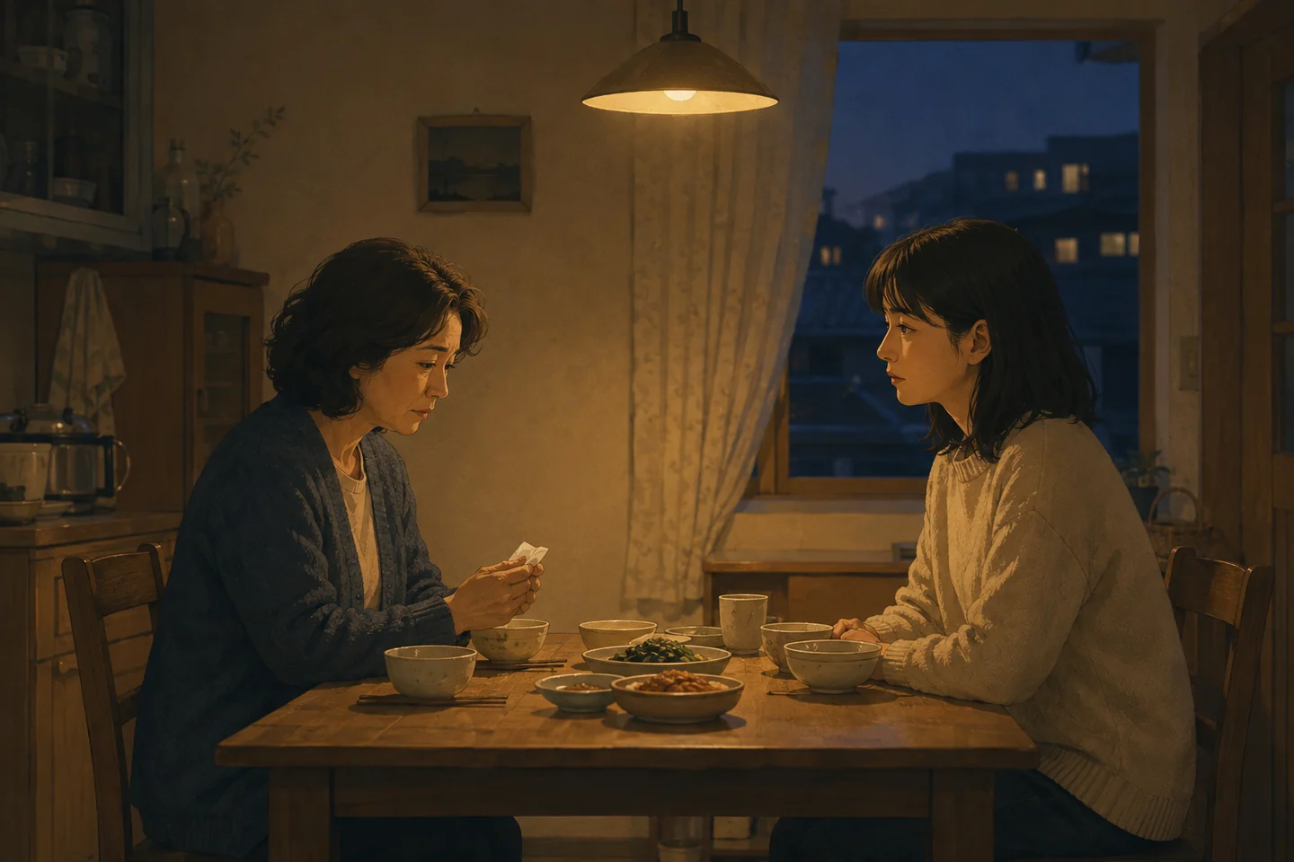 식탁에 마주 앉아 조심스럽게 대화하는 엄마와 성인 딸을 그린 삽화
