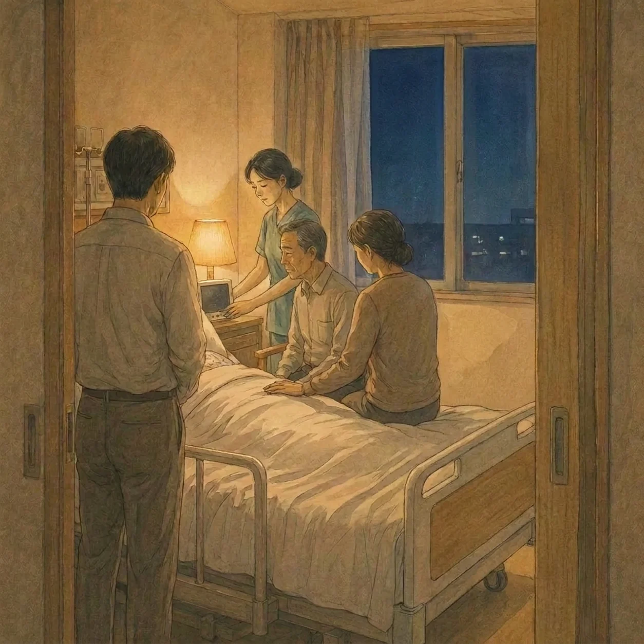 새벽 치료실. 어두운 창 앞에서 가족 세 사람이 침대 곁을 지키고, 간호사는 침대 건너편 모니터 옆에 서서 수치를 확인한다