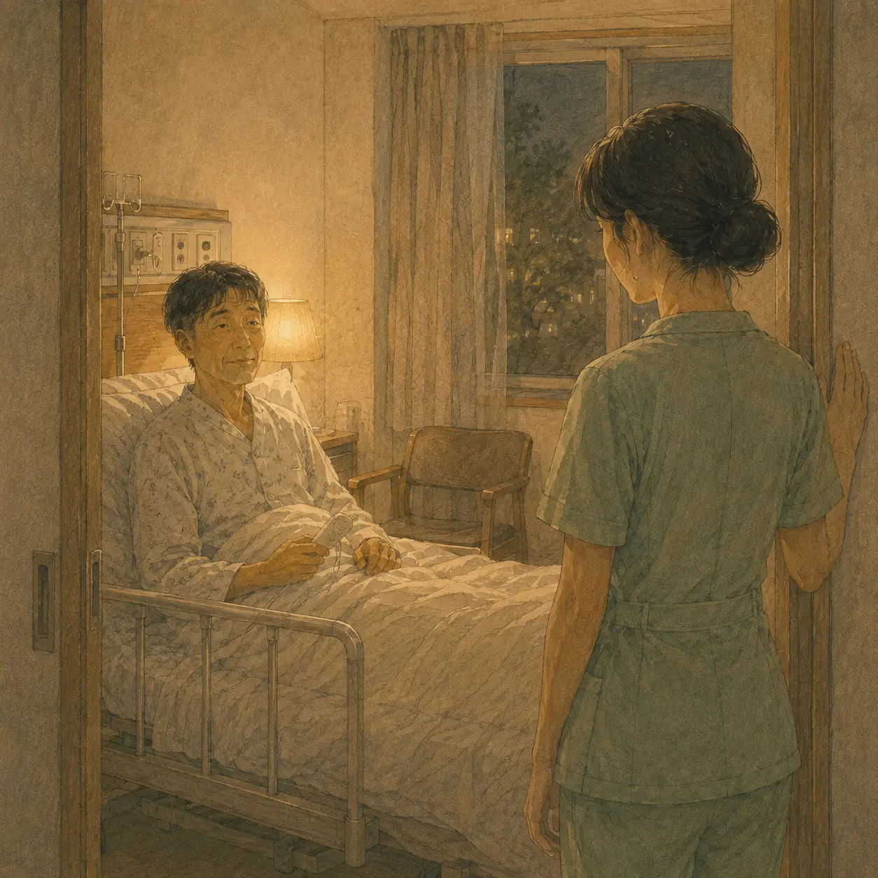 병실 문가에 선 간호사와 침대에서 콜벨을 손에 쥔 채 머쓱하게 웃는 환자를 그린 삽화