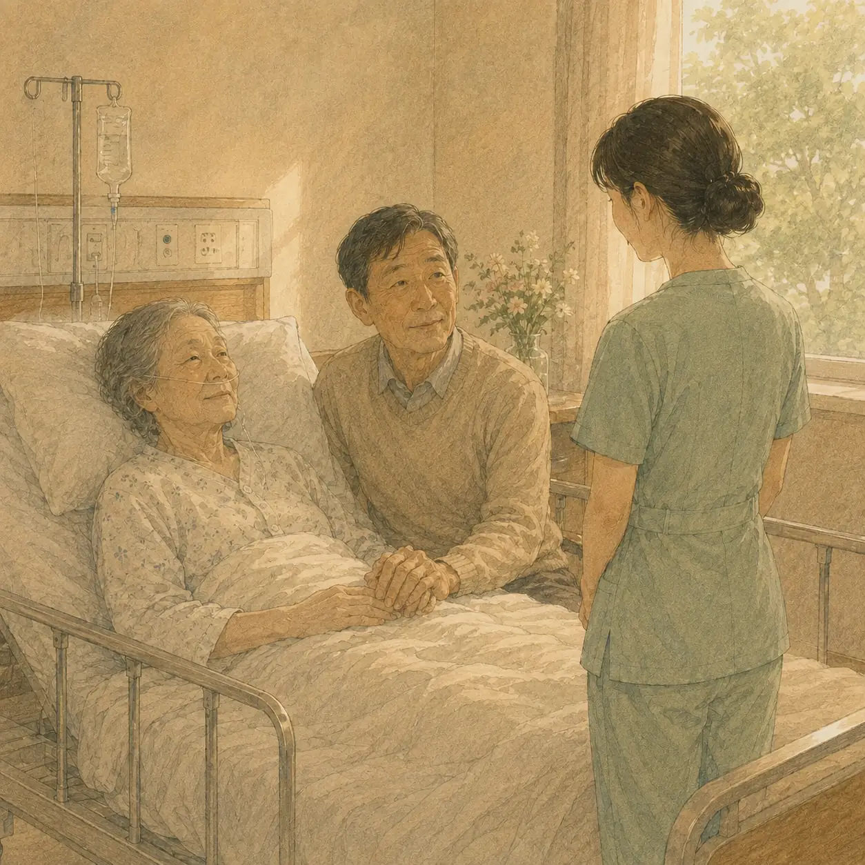 침상 옆에서 아내의 손을 꼭 잡고 간호사에게 말을 건네는 남편을 그린 삽화