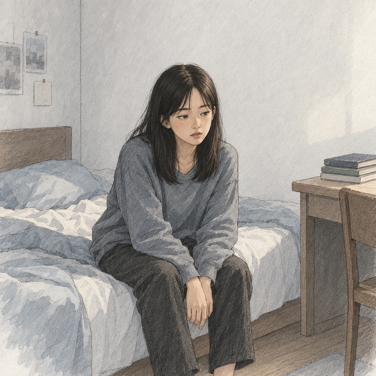 방 가장자리에 앉아 아래를 바라보는 다인