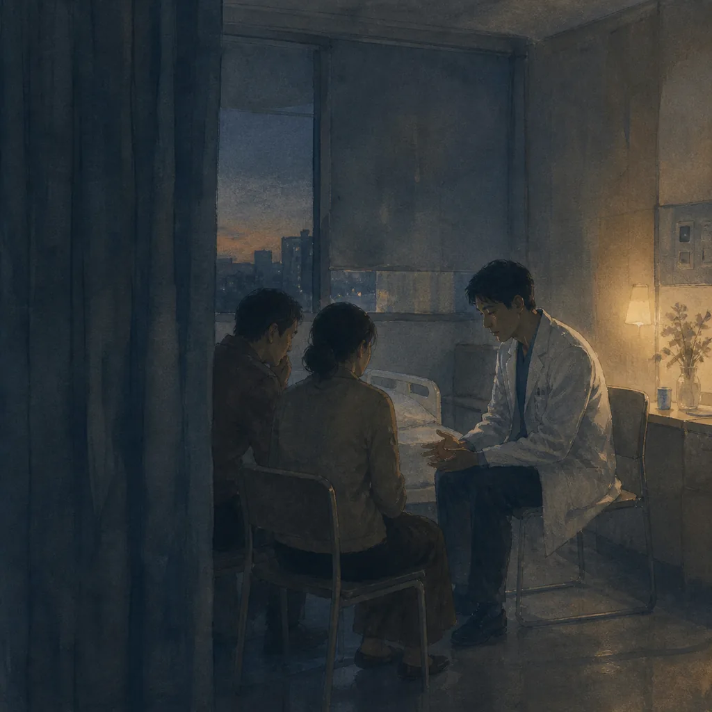 책 속 장면을 옮긴 삽화: 보호자에게 환자 상태를 설명하는 의료진
