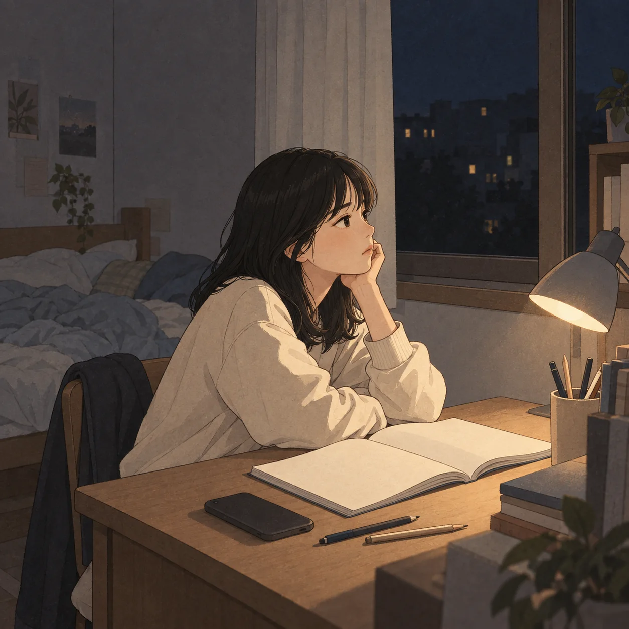 시험을 앞둔 밤, 펼친 책 앞에서 창밖을 바라보는 학생