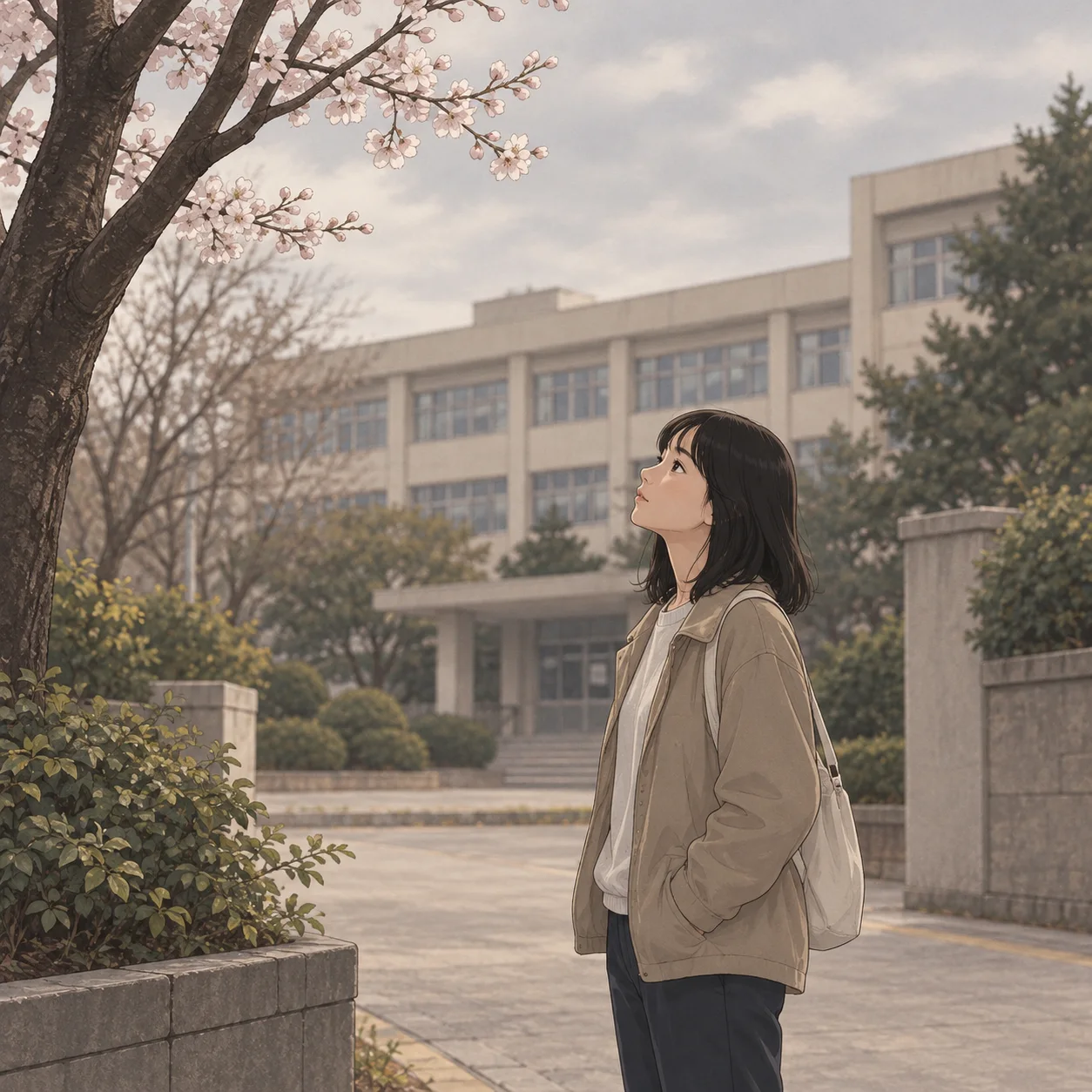 시험이 끝난 봄, 영서가 모교 교정에서 처음 알아본 벚나무를 올려다보는 모습