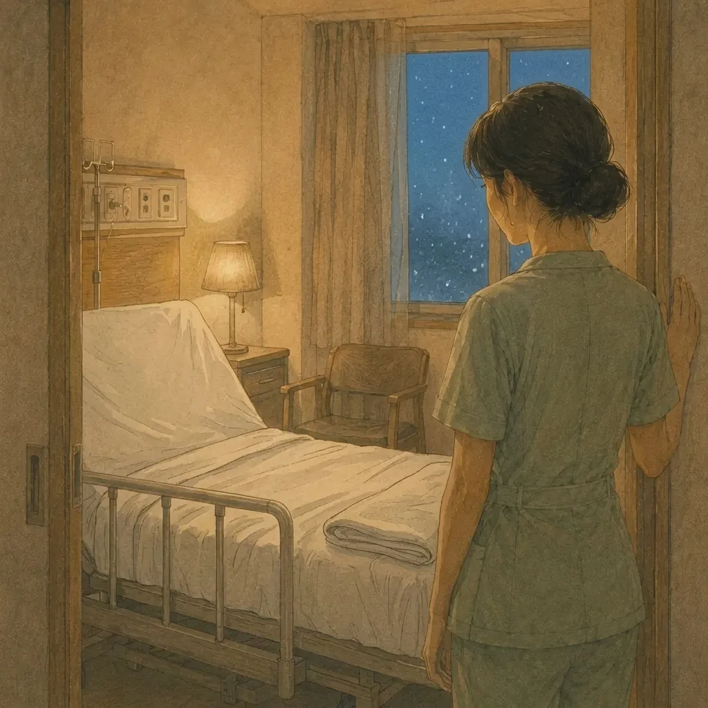 겨울 새벽, 비어 있는 병실 침대를 문가에서 바라보는 간호사를 그린 삽화