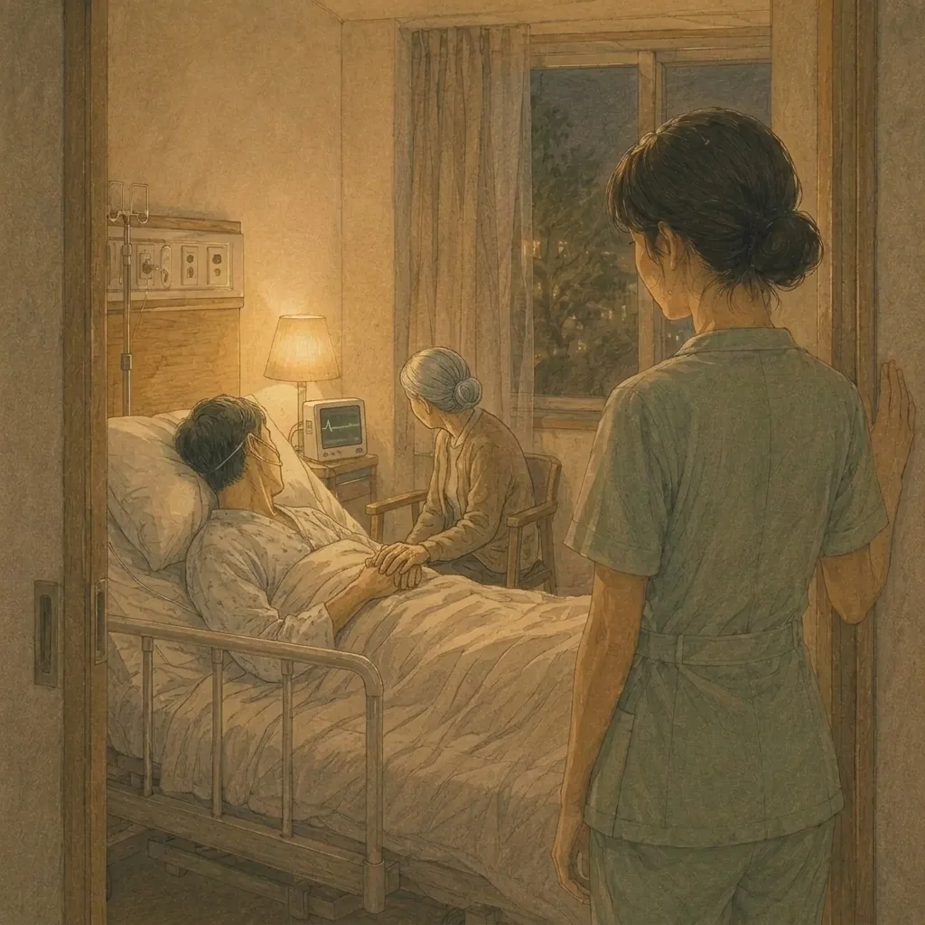 밤 병실 문가에 선 간호사와, 산소를 단 채 누운 환자의 손을 잡고 앉은 가족을 그린 삽화