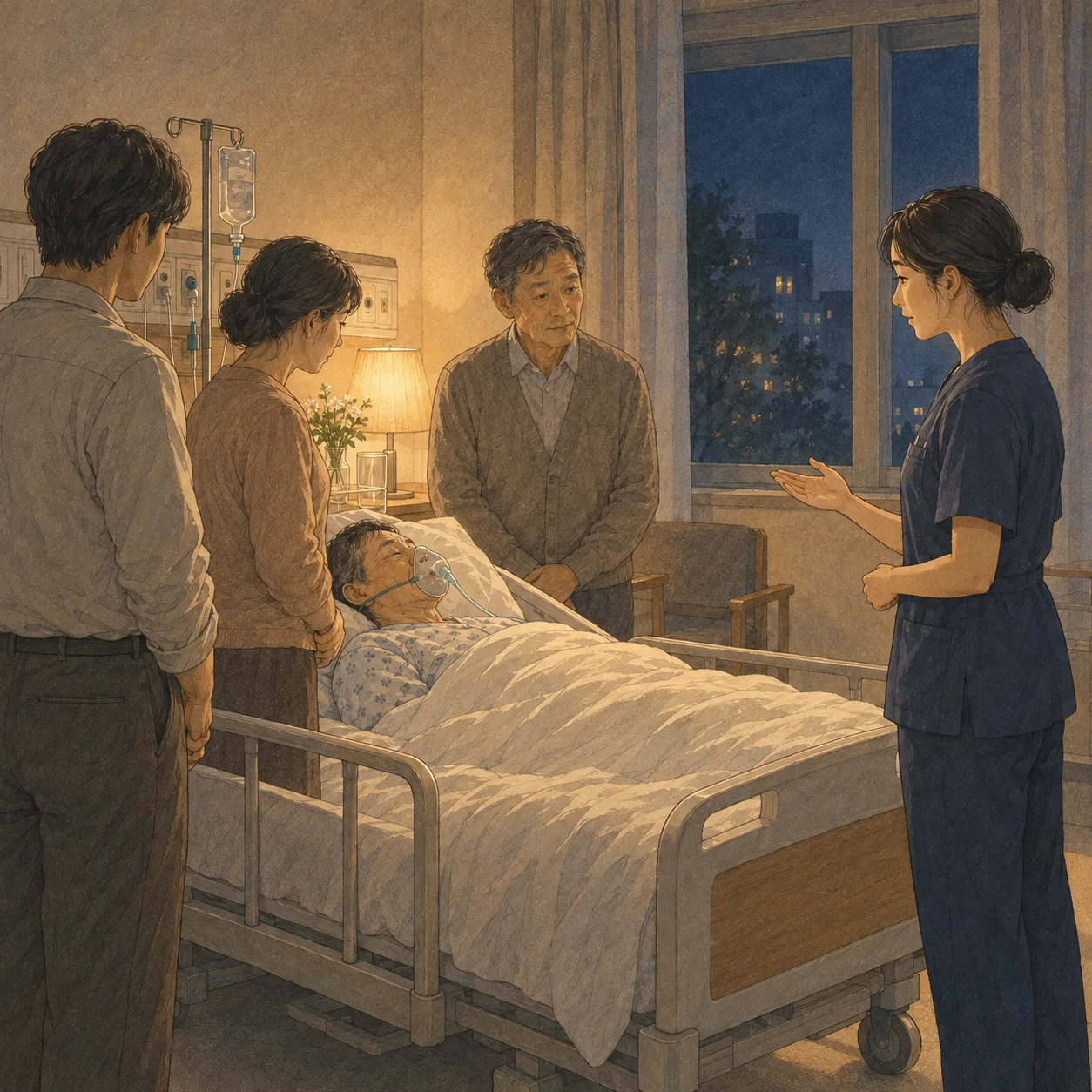 임종을 앞둔 환자의 병상 곁에서 가족에게 상태를 설명하는 간호사