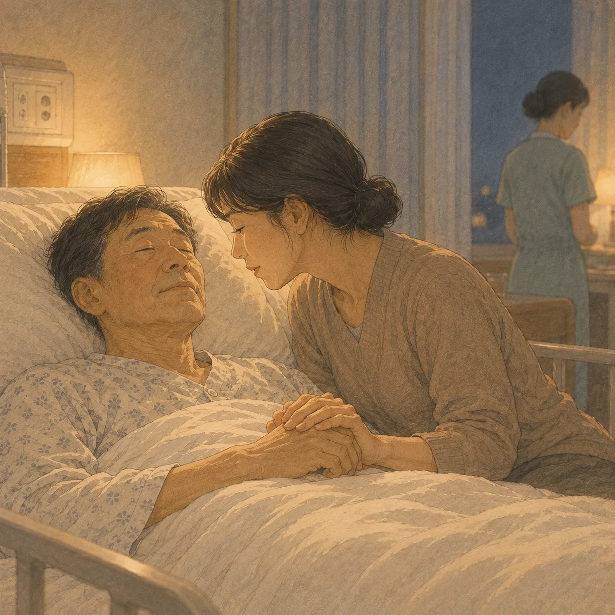 의식이 없는 남편의 손을 잡고 귀 가까이에서 말하는 아내