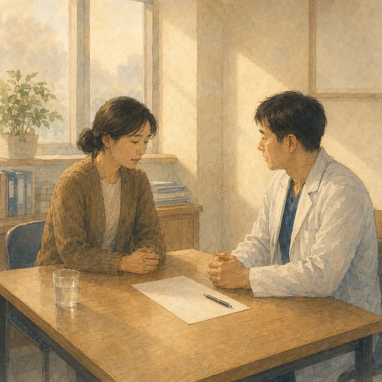 공란의 연명의료 서류와 펜을 사이에 두고 이야기를 나누는 의사와 가족을 그린 삽화