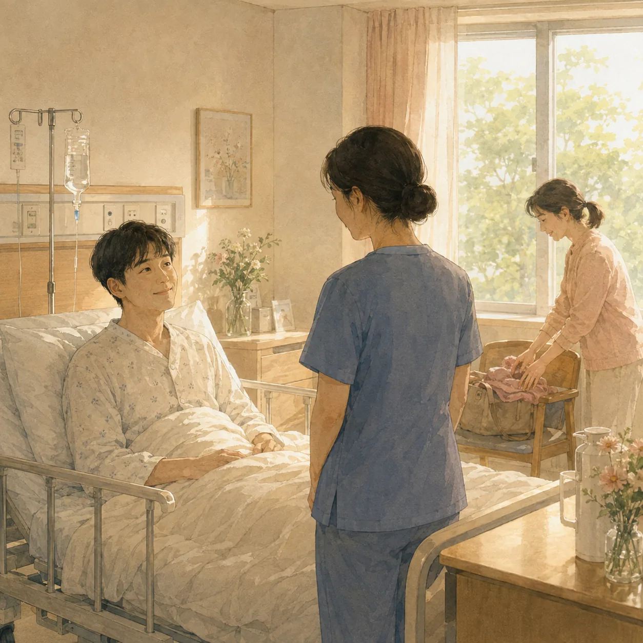 진통제를 맞은 뒤 간호사에게 고맙다고 인사하는 젊은 환자와 곁을 지키는 누나를 그린 삽화