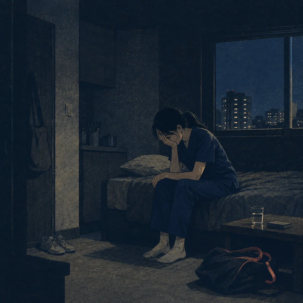 근무를 마치고 불도 켜지 않은 방에서 홀로 우는 신규 간호사 삽화