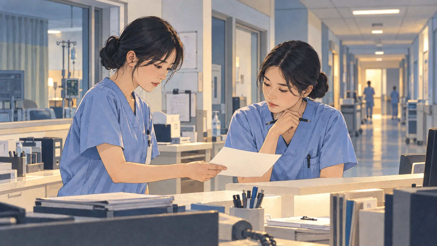 밤 병동에서 두 간호사가 인계 내용을 함께 살펴보는 삽화