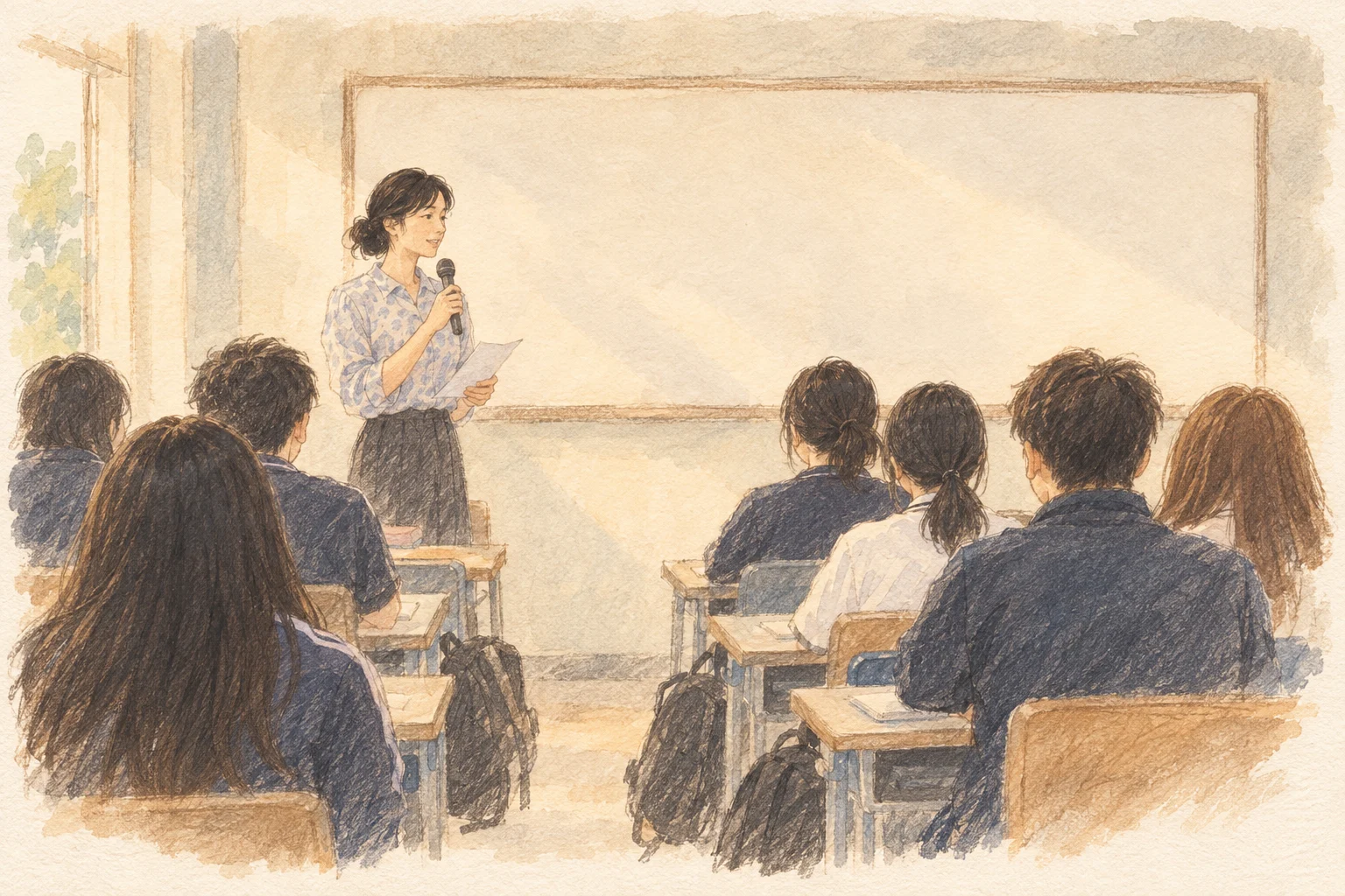 학교도서관에서 학생들과 이야기를 나누는 작가 강연 장면을 그린 삽화