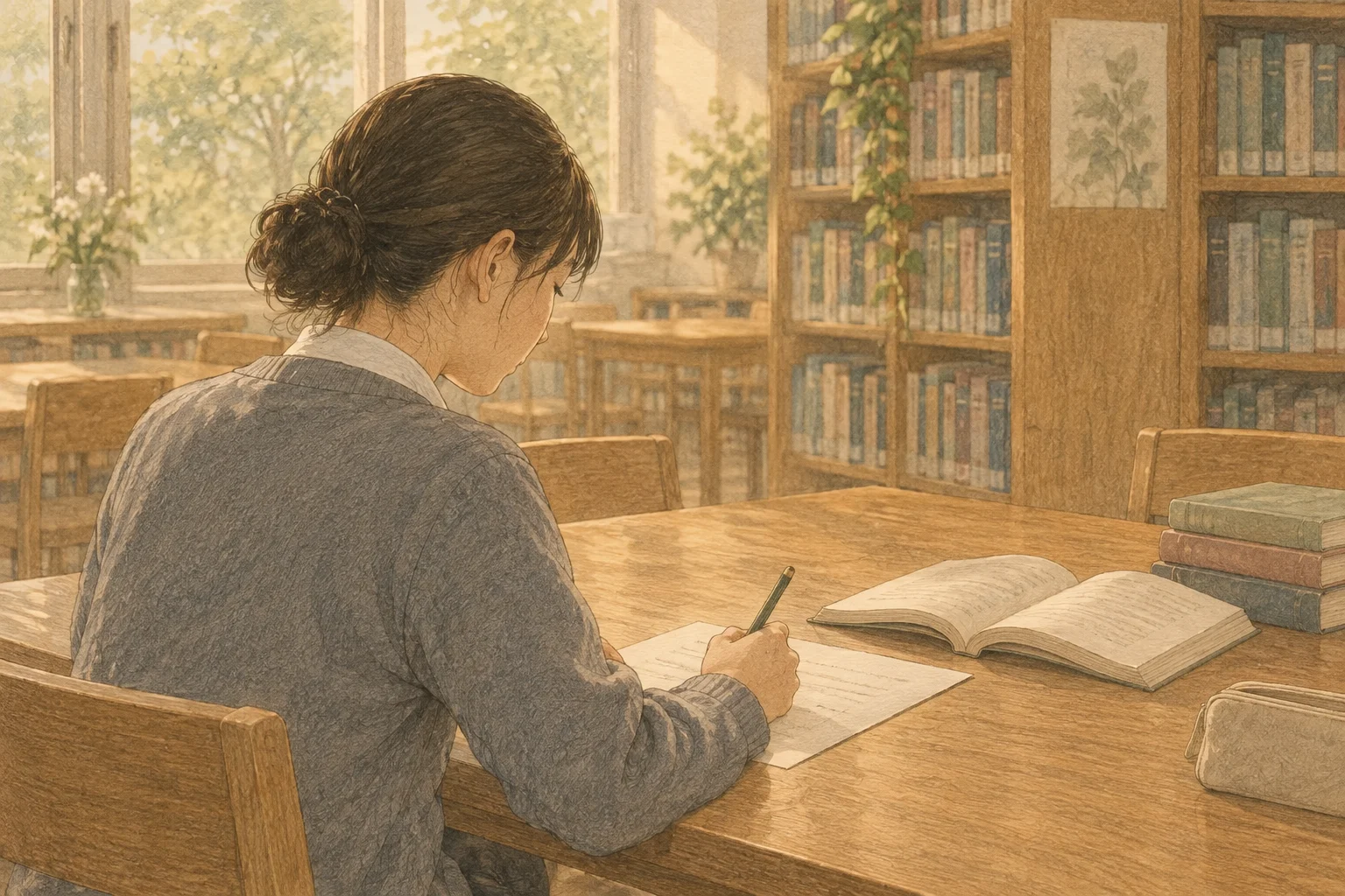 학교도서관에서 책을 곁에 두고 자신의 생각을 글로 적는 학생을 그린 삽화