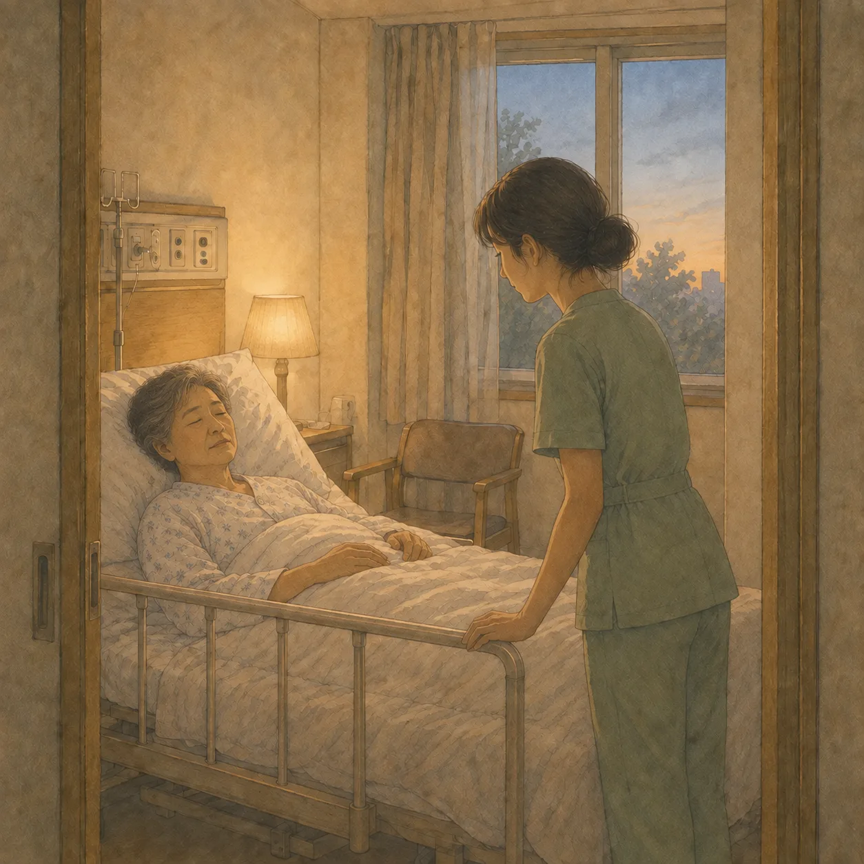 새벽 병실에서 잠든 환자를 살피는 간호사