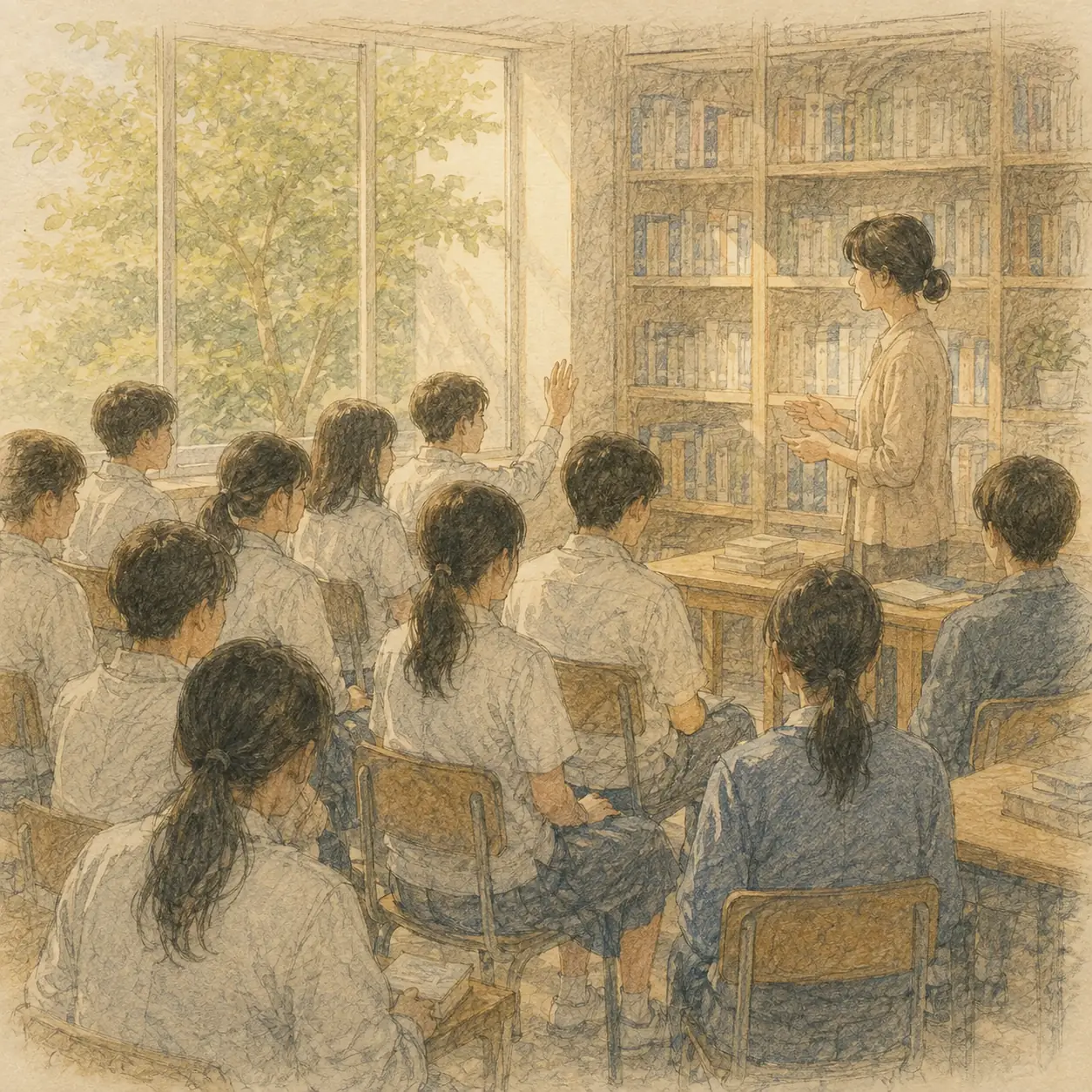 고등학교 도서관에서 책을 읽고 온 학생들 앞에서 이야기하는 저자와 손을 든 학생을 그린 삽화