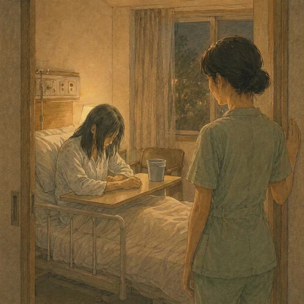 병실 침대의 식탁에 팔을 올리고 고개를 숙인 환자와, 그 뒤에서 조용히 서 있는 간호사를 그린 삽화