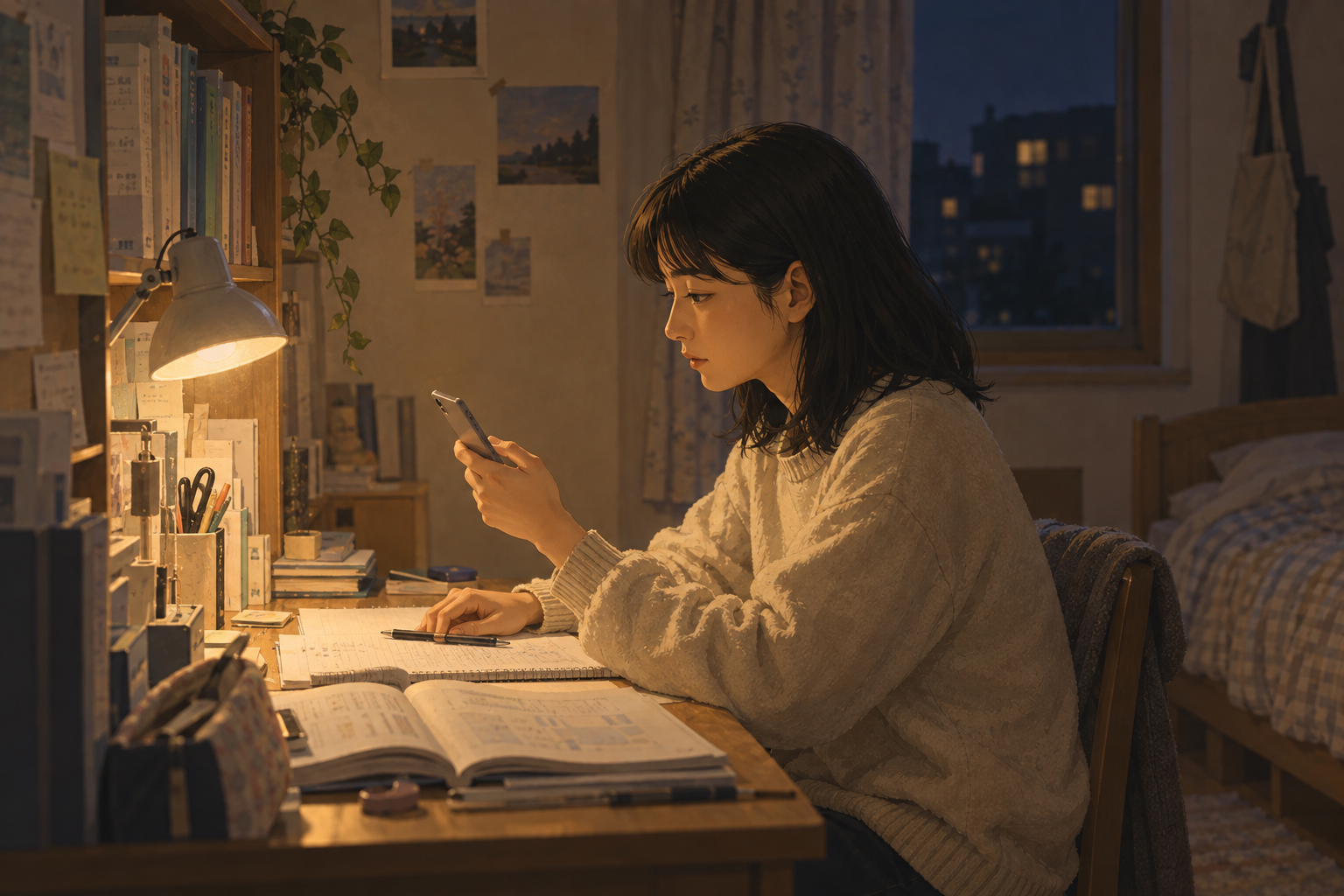 작은 책상 곁에서 엄마가 보낸 문자를 읽는 성인 영서의 모습을 그린 삽화